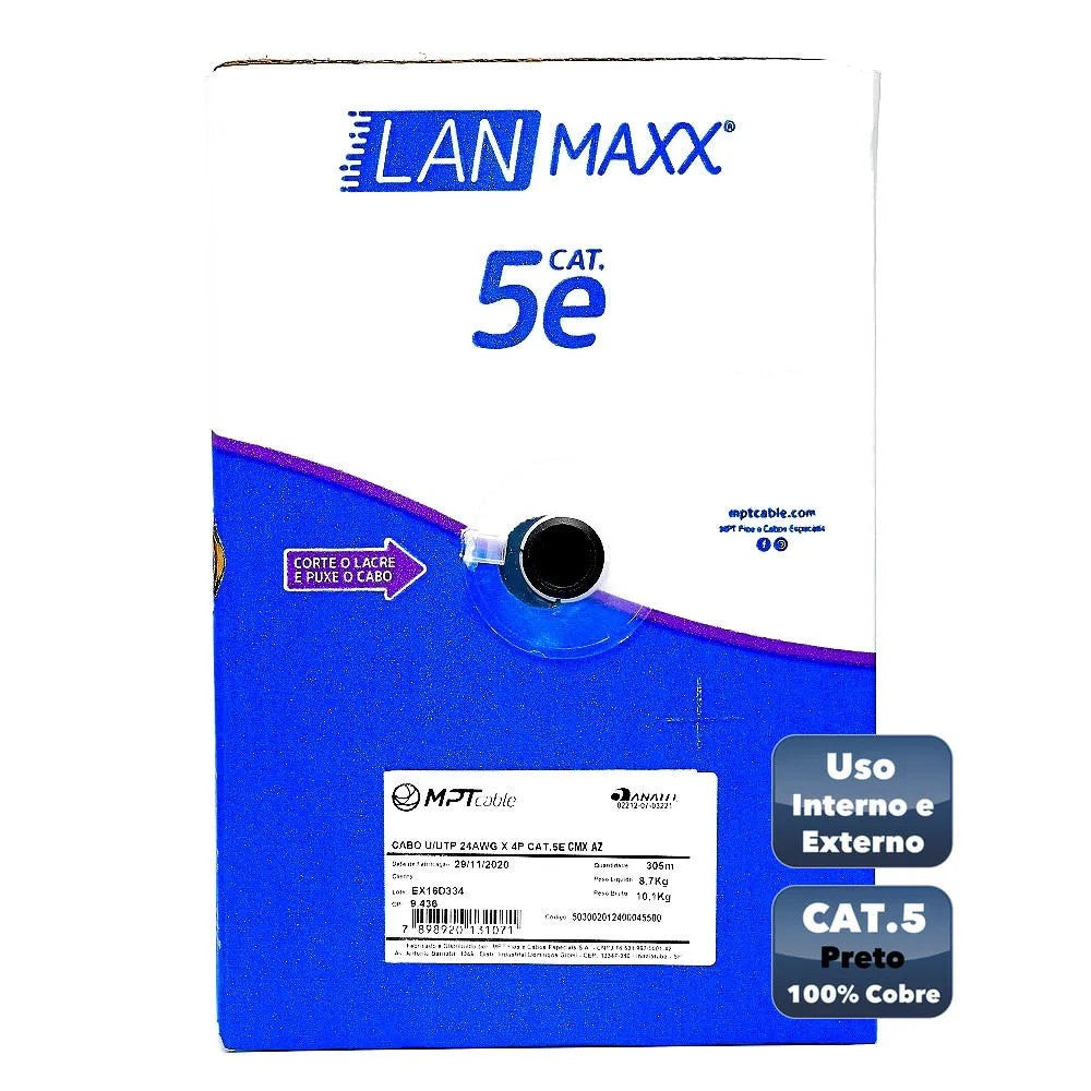Cabo UTP CAT5E 24X4P CMX Preto Interno Externo 305m MPT
