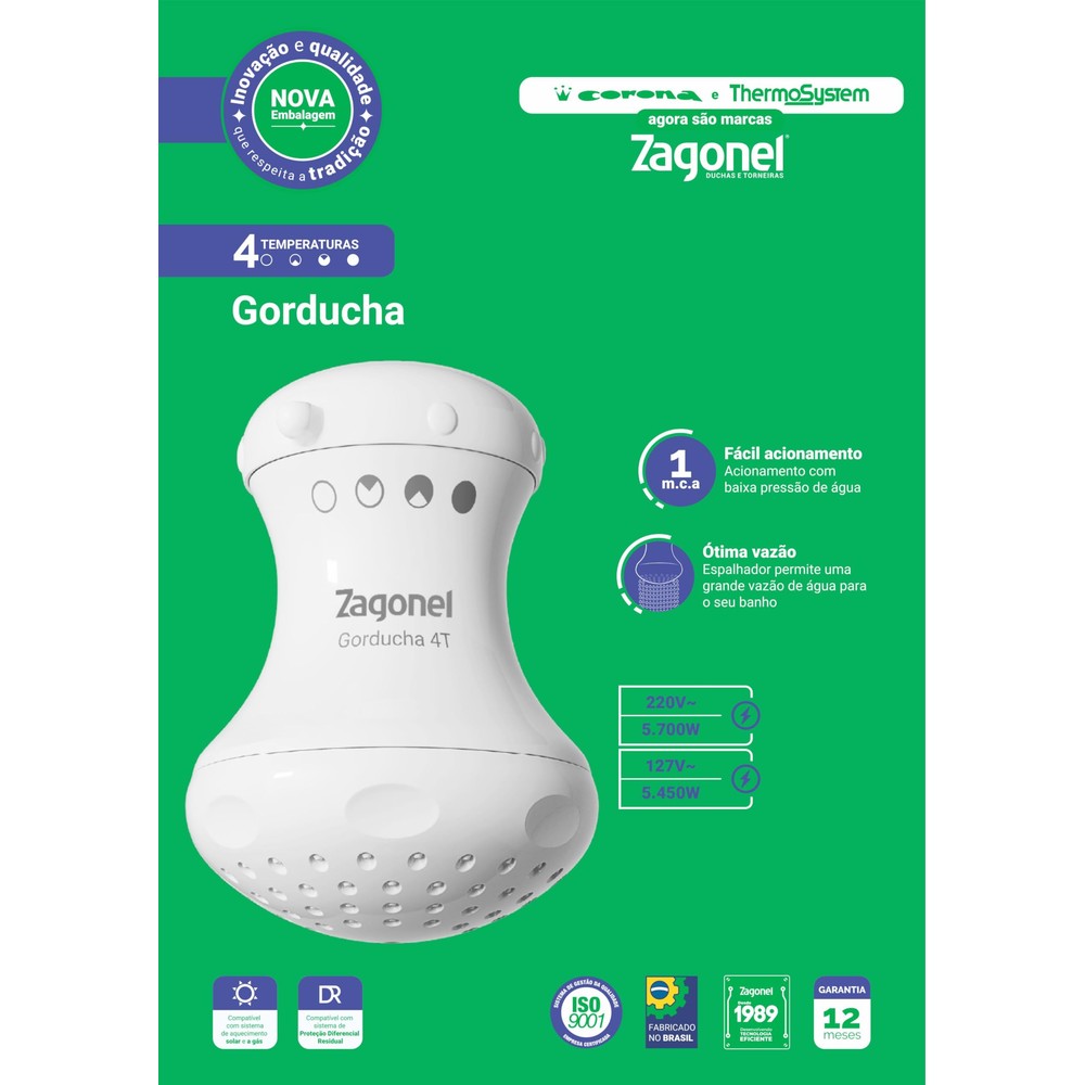 Chuveiro Zagonel Gorducha 4 Temperaturas 127V 5450W Branco