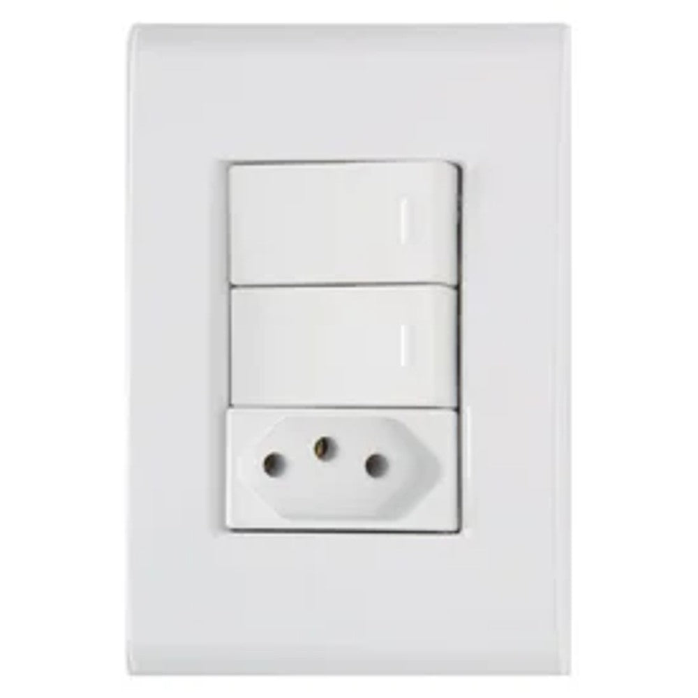 Conjunto 2 Interruptores Simples e 1 Tomada 10A Branco com Placa Liz Tramontina