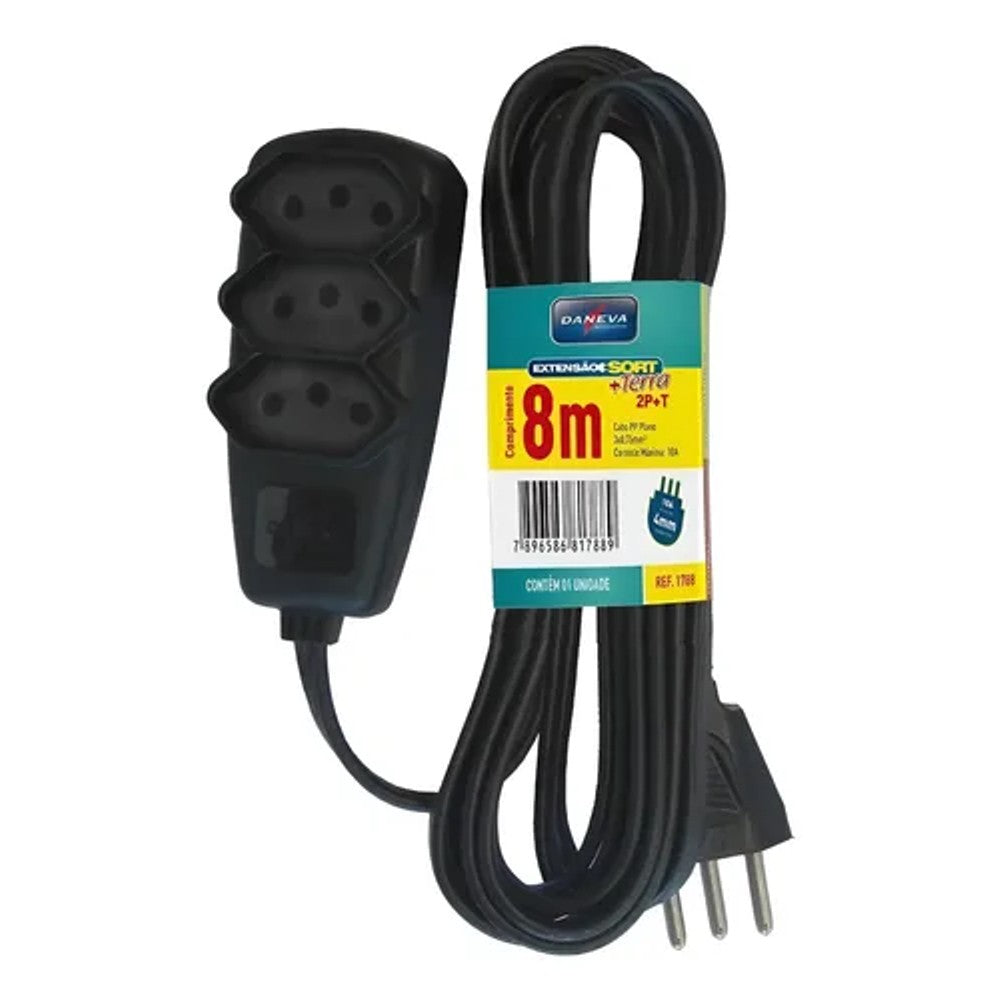 Extensão Elétrica PP 3x0,75mm 10A 8 Metros Preto Daneva 1788