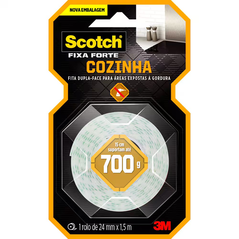 Fita Dupla Face Scotch Fixa Forte Cozinha 24mm x 1,5m 3M
