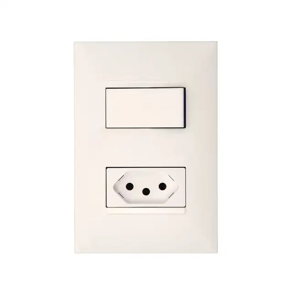Conjunto Interruptor Simples e Tomada 2P T 10A com Placa Linha Plus Branco