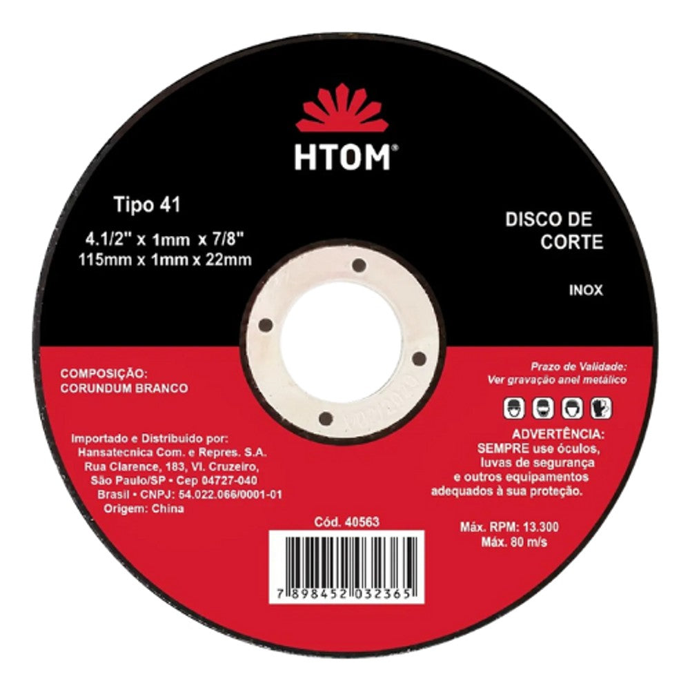 Disco Corte Inox Fino 4.1/2" 7/8" 1mm HTOM