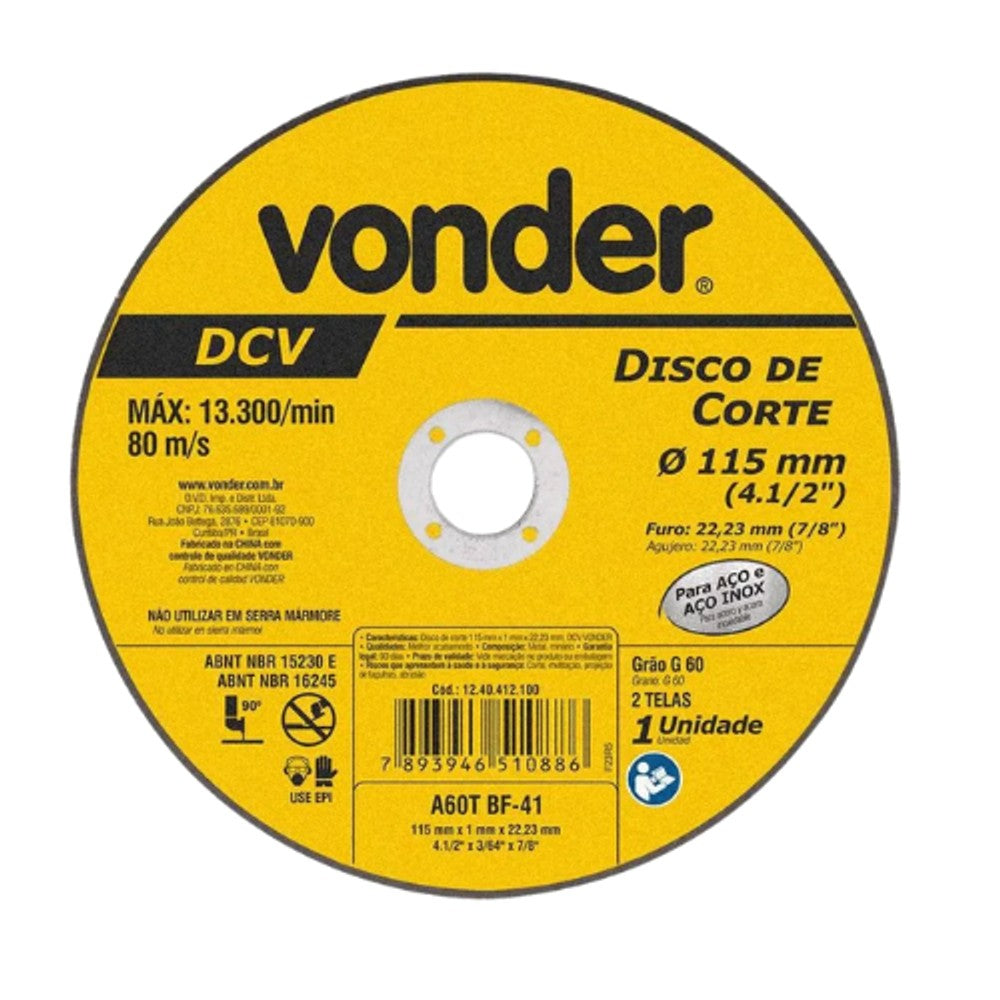Disco de Corte Inox Vonder 115mm DCV 4.1/2