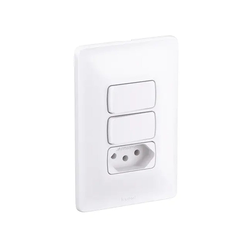Interruptor 2 Seções com 1 Tomada 2 Polos e Terra 10A com Proteção Linha Zeffia GL Branco