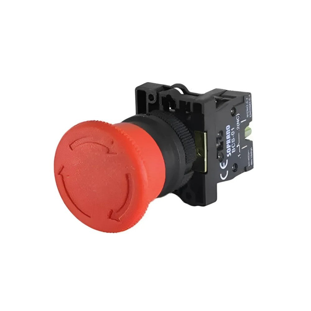 Botão de Emergência Cogumelo 40mm 1NF Destrava Girando Soprano