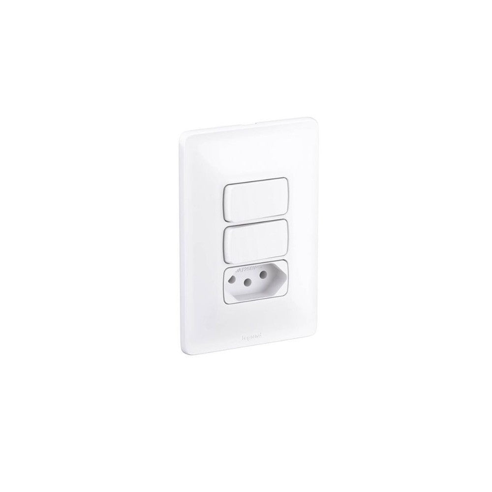 Interruptor 2 Seções com 1 Tomada 2 Polos e Terra 10A com Placa Linha Zeffia GL Branco