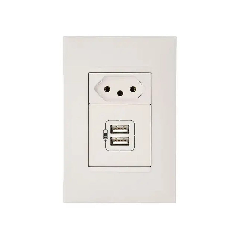 Tomada com USB e Tomada 2P T 10A com Placa Plus Branco