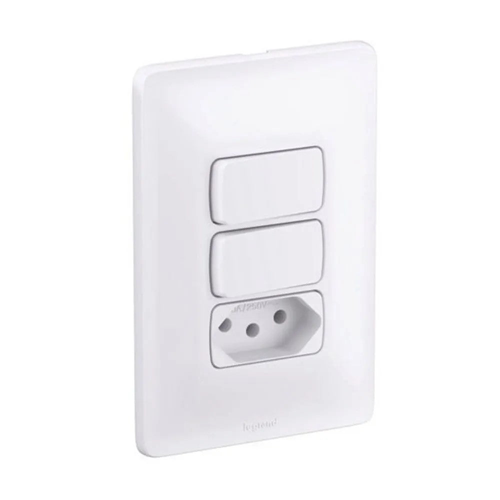 Conjunto 2 Interruptores Simples e 1 Tomada 2 Polos e Terra 10A com Placa Linha Zeffia GL