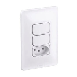 Conjunto 2 Interruptores Simples e 1 Tomada 2 Polos e Terra 10A com Placa Linha Zeffia GL
