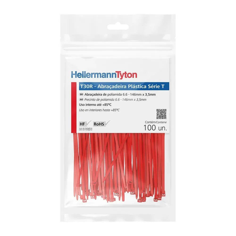 Abraçadeira de Nylon 150x3,5 Vermelha 100 Peças T30R Hellermann