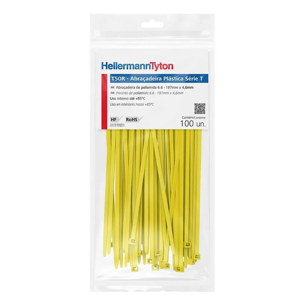 Abraçadeira de Nylon 200mm x 4,6mm Amarela 100 Unidades T50R HellermannTyton