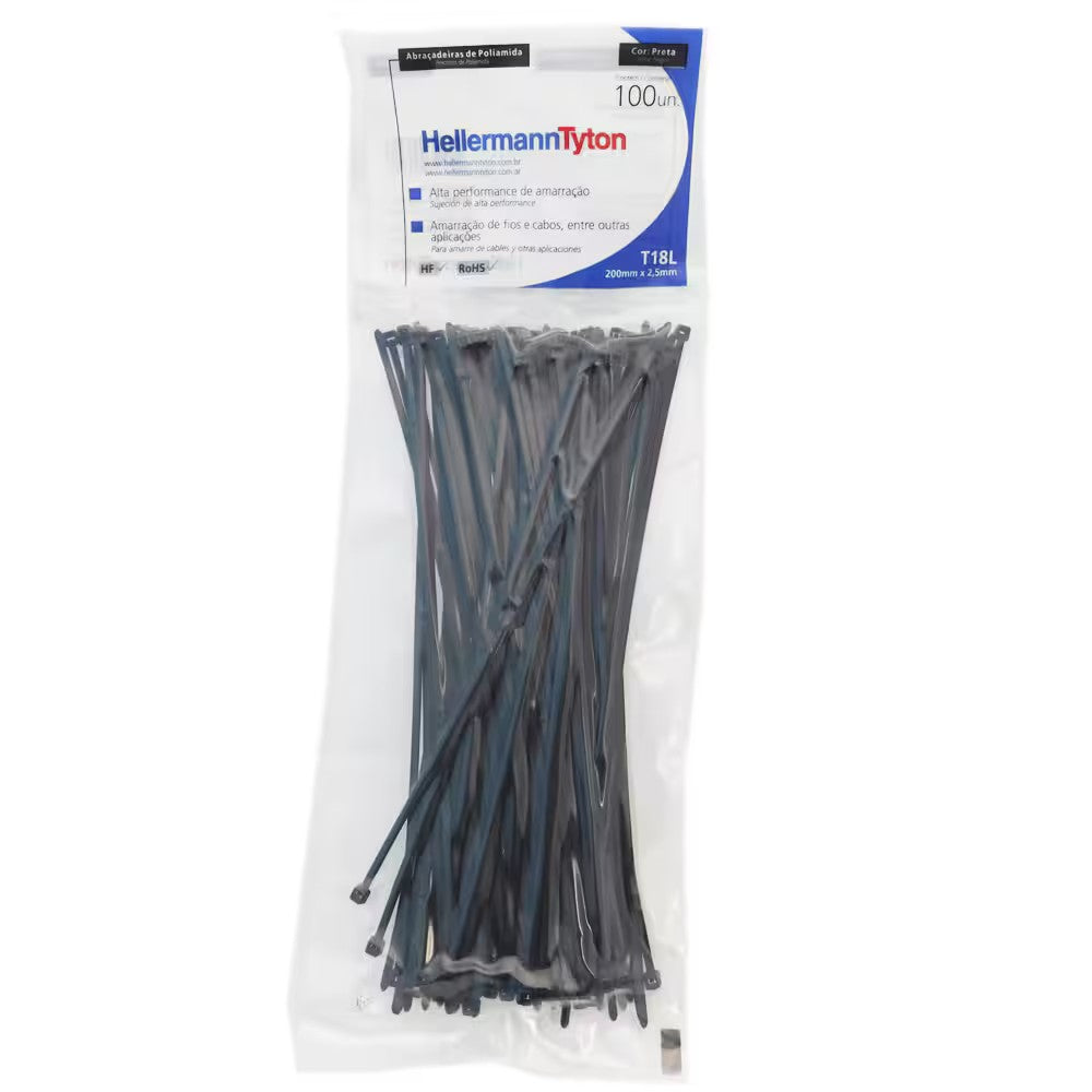 Abraçadeira de Nylon 200x2,5mm Preta 100 Peças T18L Hellermann