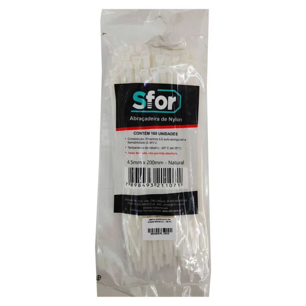 Abraçadeira de Nylon 200x4,5 mm Branca 100 Peças Inluss
