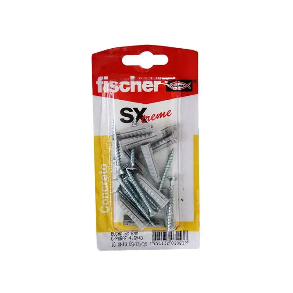 Bucha Nylon SX 6 com 10 Peças e Parafuso Chata Fischer