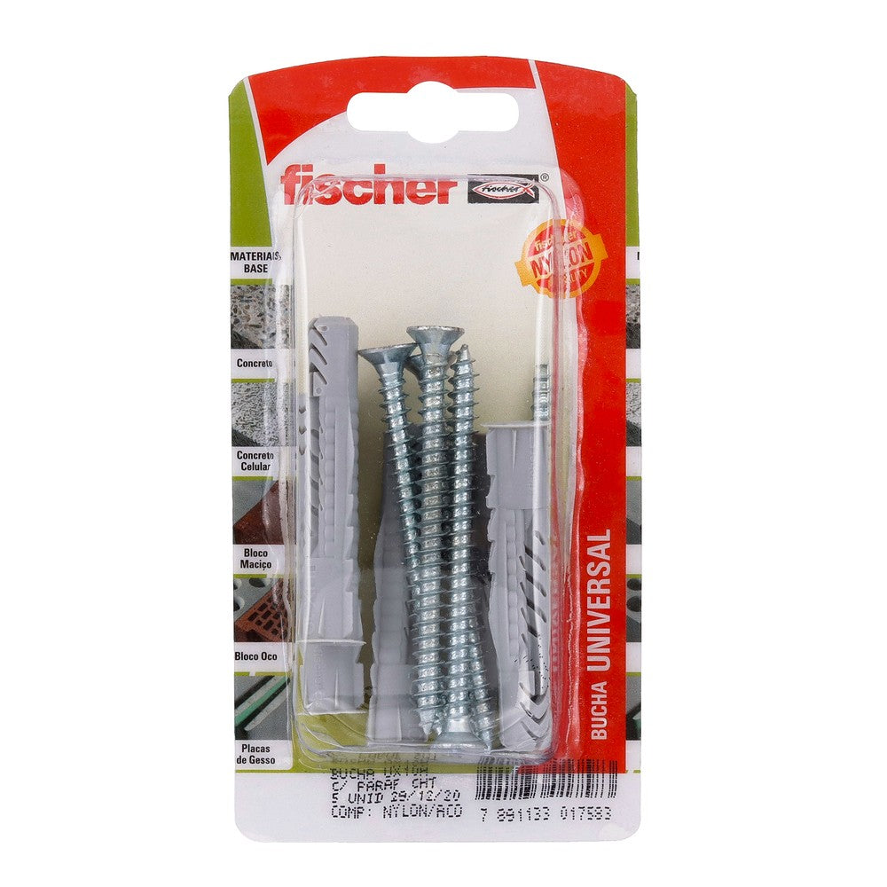 Bucha Nylon UX-10A com 5 Peças e Parafusos Fischer