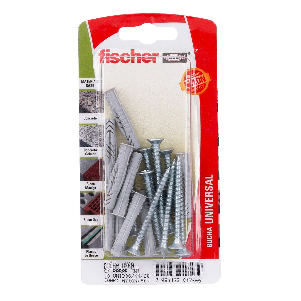 Bucha Nylon UX 6A com 10 Peças e Parafuso Cabeça Chata Fischer