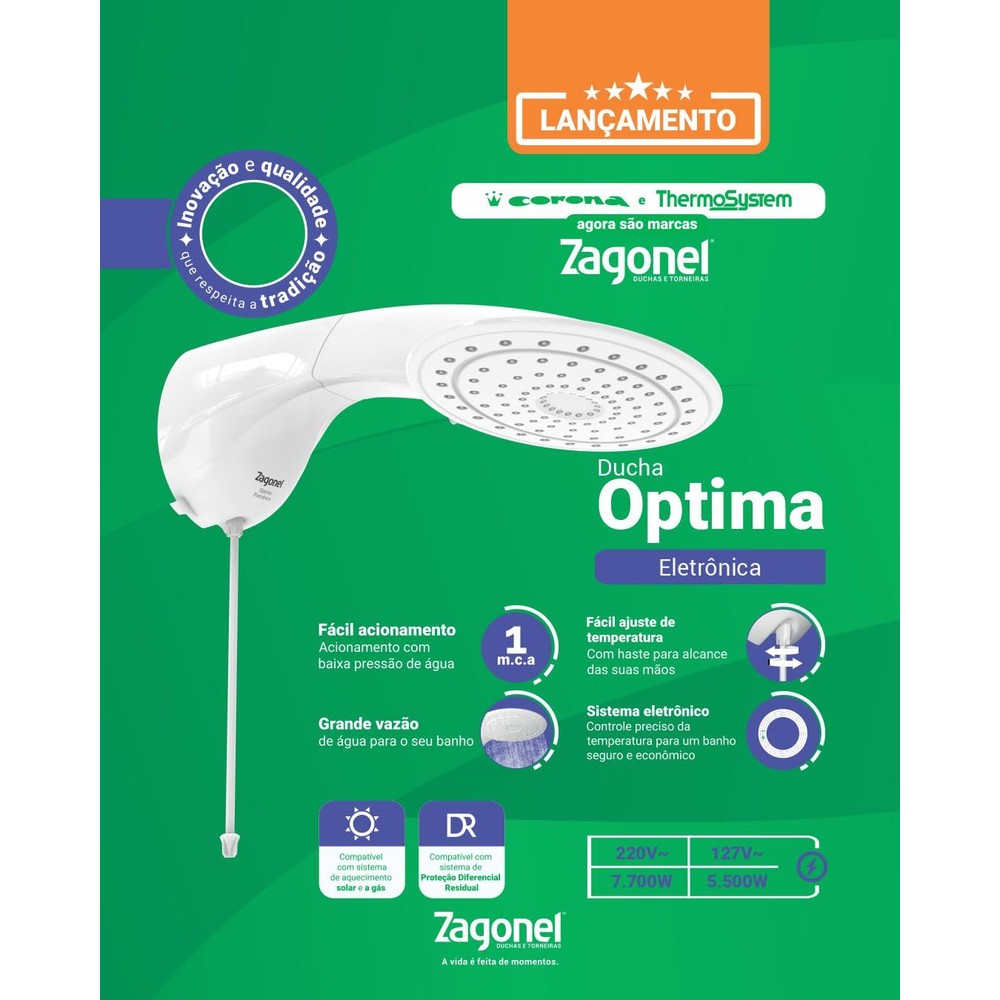 Chuveiro Zagonel Optima Eletrônico 220V 7700W Branco