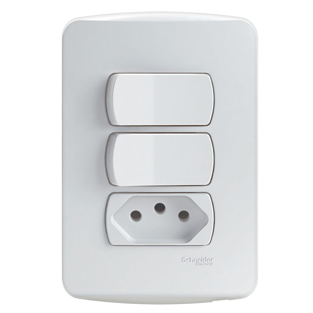 Conjunto 2 Interruptores Simples e 1 Tomada 10A Miluz Schneider 69050