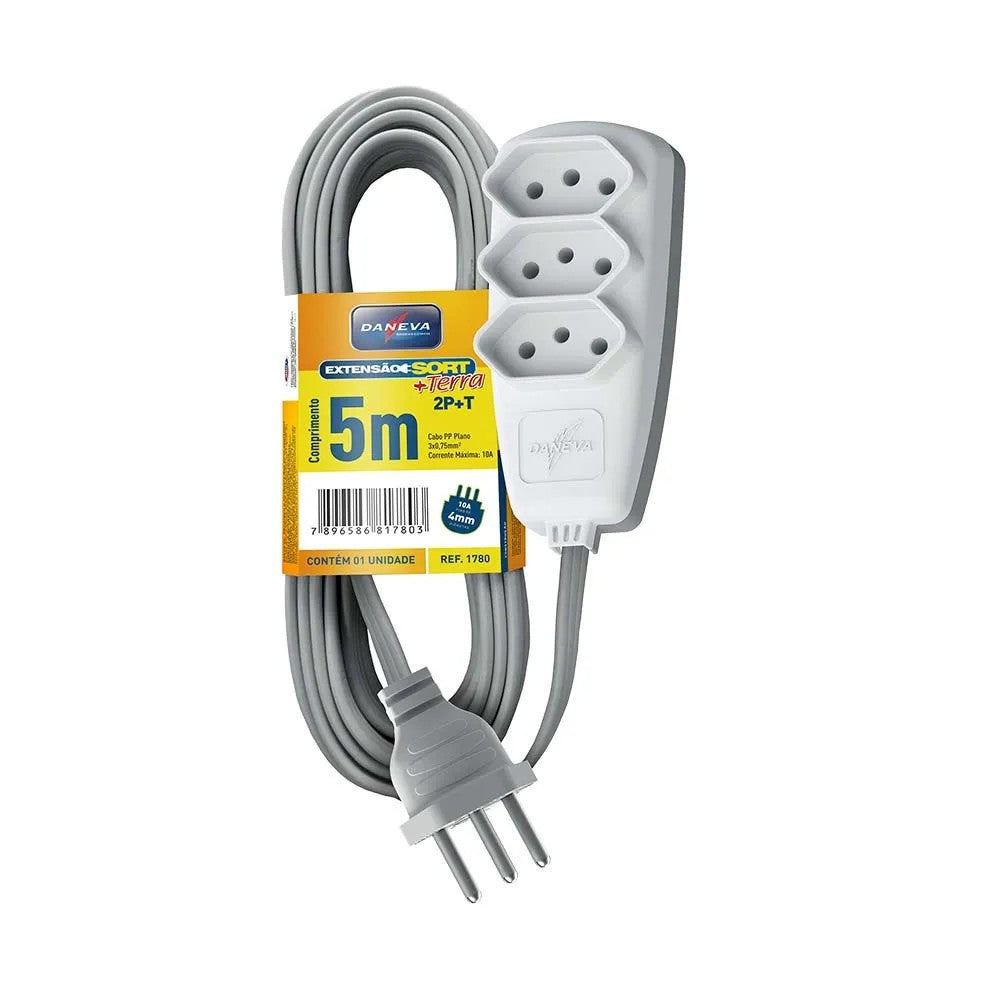 Extensão Elétrica PP 3x0,75mm 10A 5m Cinza Daneva