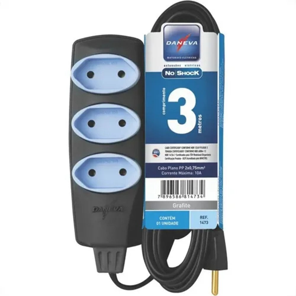 Extensão PP 2x0,75mm 10A 3m Grafite Daneva