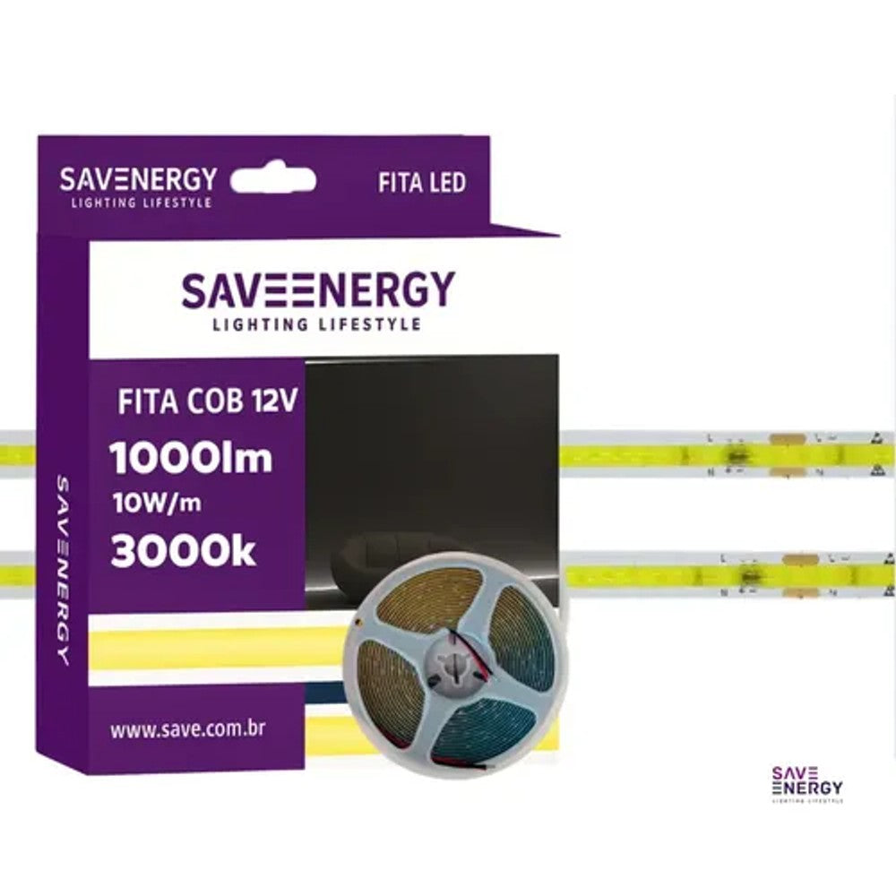Fita LED COB 10W 12V 3000K 5 metros IP20 Save Energy