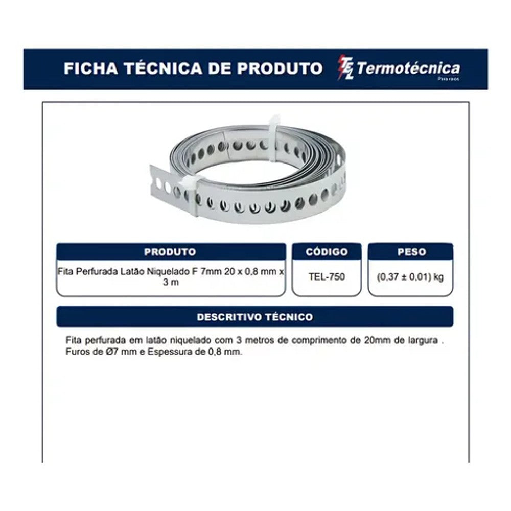Fita Perfurada Latão Niquelado Furo 7mm 20mm x 0,8mm x 3m