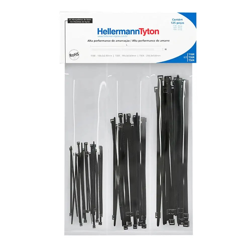 Kit Abraçadeiras de Nylon T18R T30R T50R Preto Hellermann