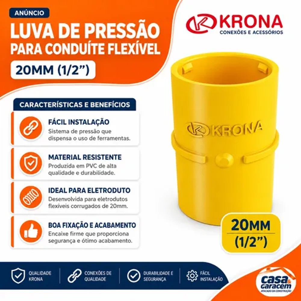 Luva PVC Pressão 20 mm 1/2 Amarelo Krona