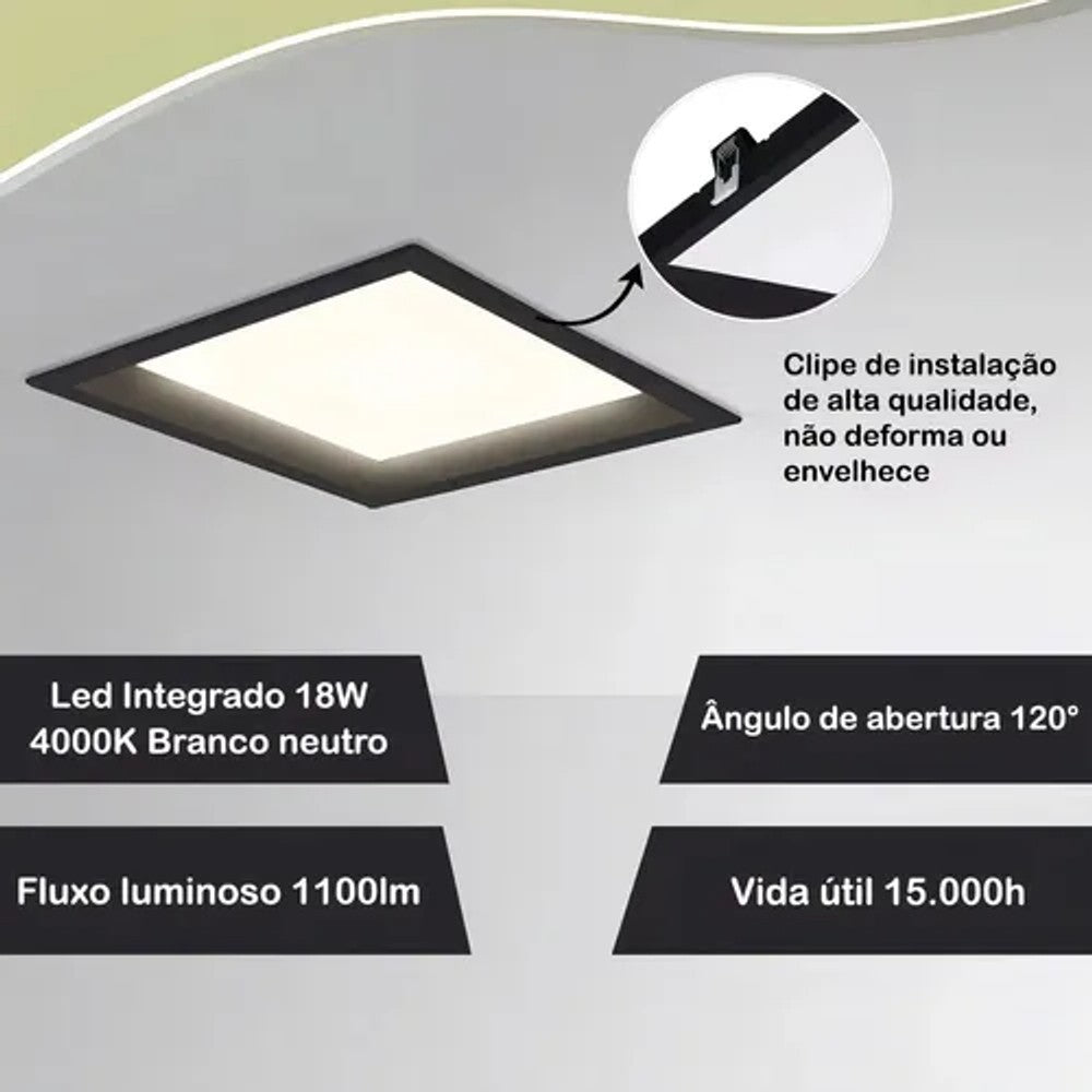 Painel LED Embutir Redondo 18W 4000K 22cm Preto Nordecor