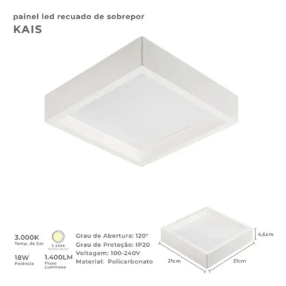 Painel LED Quadrado 18W 3000K 21cm Branco Recuado Nordecor