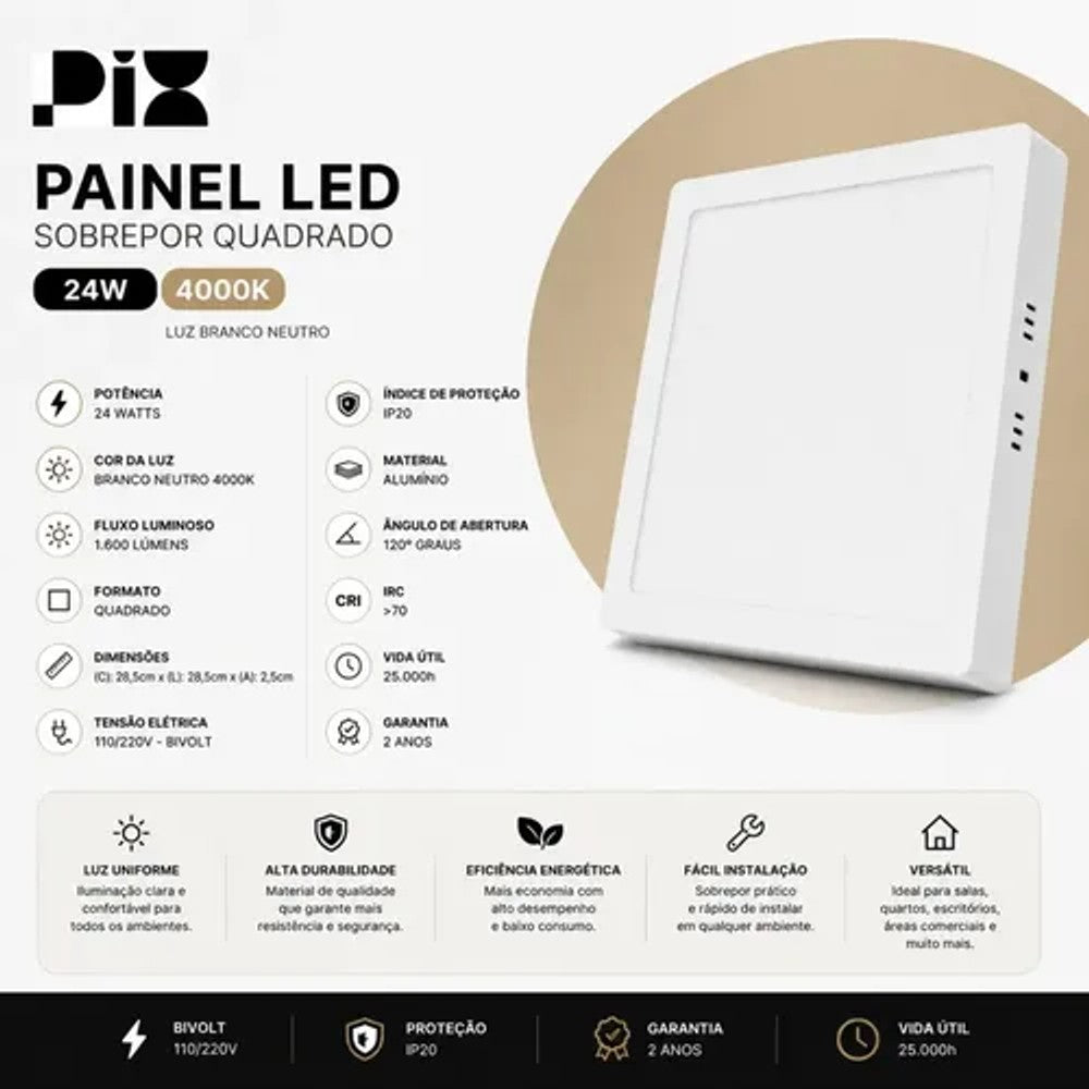 Painel LED Sobrepor Quadrado 24W 4000K 28,5cm Branco PIX