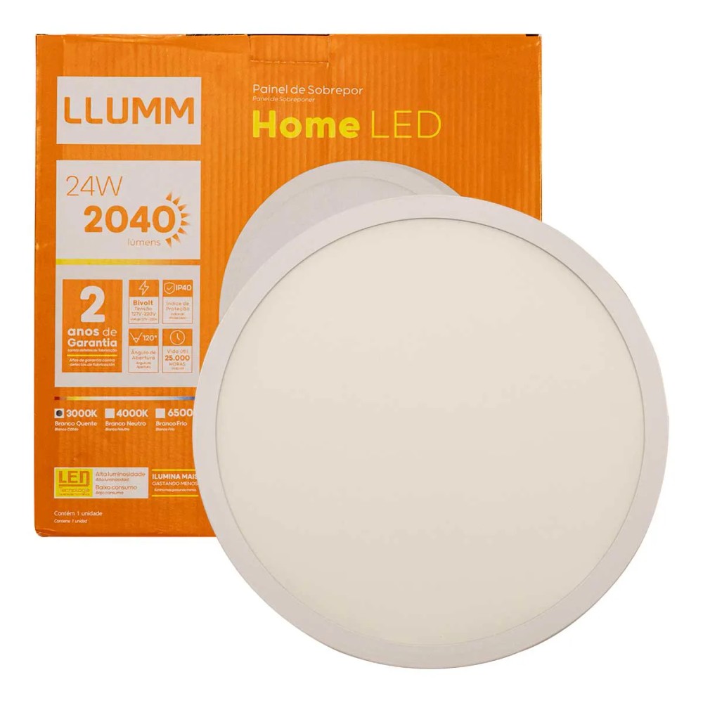 Painel LED Sobrepor Redondo 24W 3000K 28,5cm Branco PIX