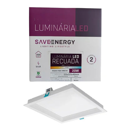 Painel LED de Embutir Quadrado 20W 3000K 22cm Branco Save Energy
