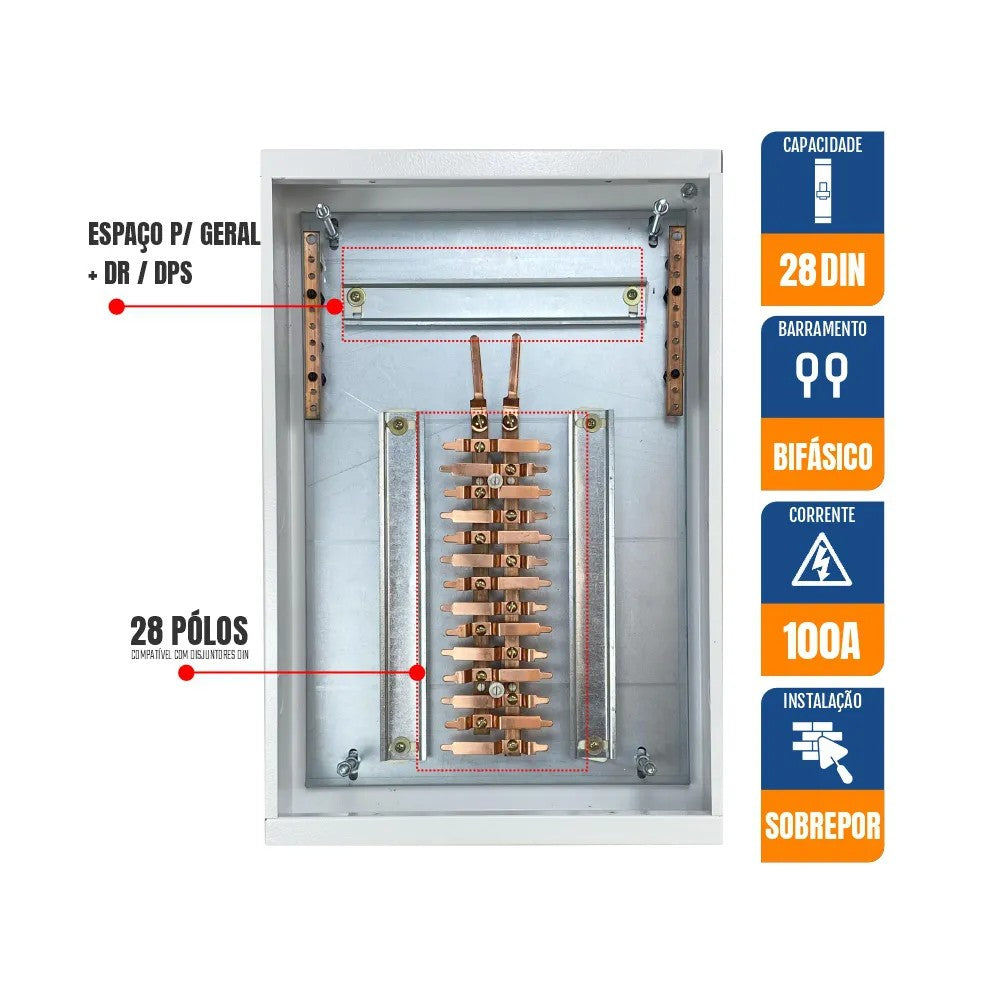 Quadro de Distribuição Elétrica com Barramento Bifásico 28 DIN 11 QDBEV100A Gomes