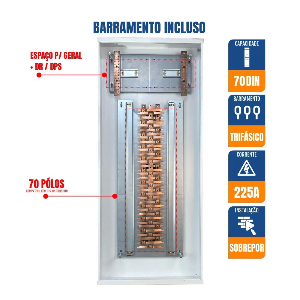 Quadro de Distribuição Sobrepor Com Barramento 70 DIN QDBTES225A Gomes