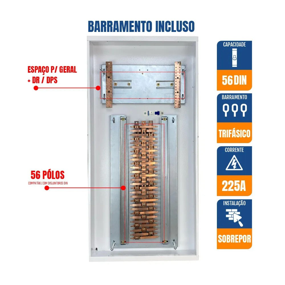 Quadro de Distribuição com Barramento 56 DIN QDBTES225A Gomes