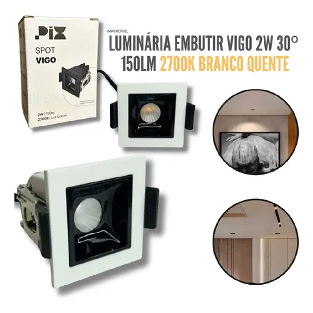 Spot Pix Vigo Embutido Quadrado 2W 4K 30º Branco