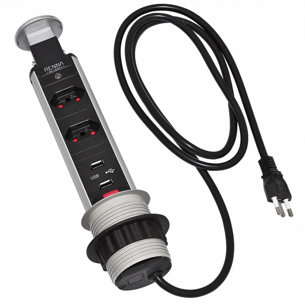 TORRE DE TOMADA COM 2 TOMADAS 16A E 2 USB PRATA PIX
