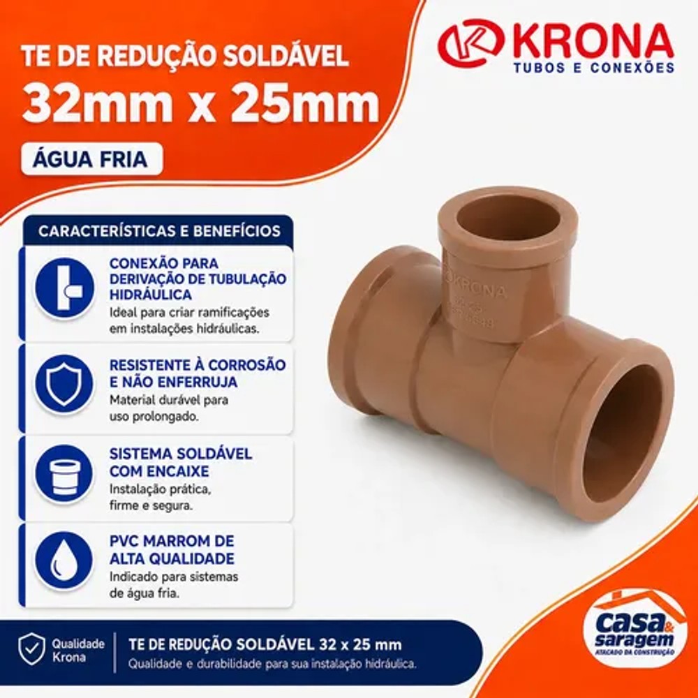 Te de Redução Soldável 32mm x 25mm Krona