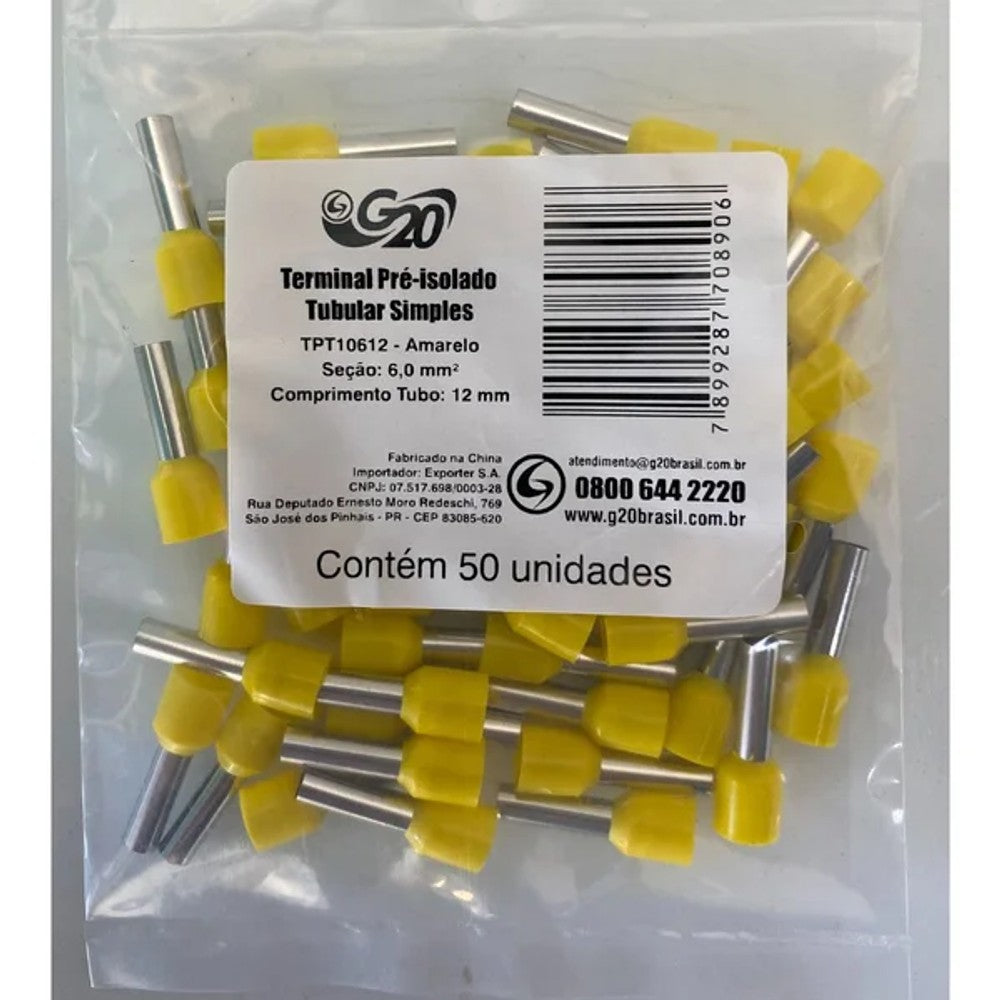 Terminal Pino Tubular 6,0 Amarelo com 100 Unidades