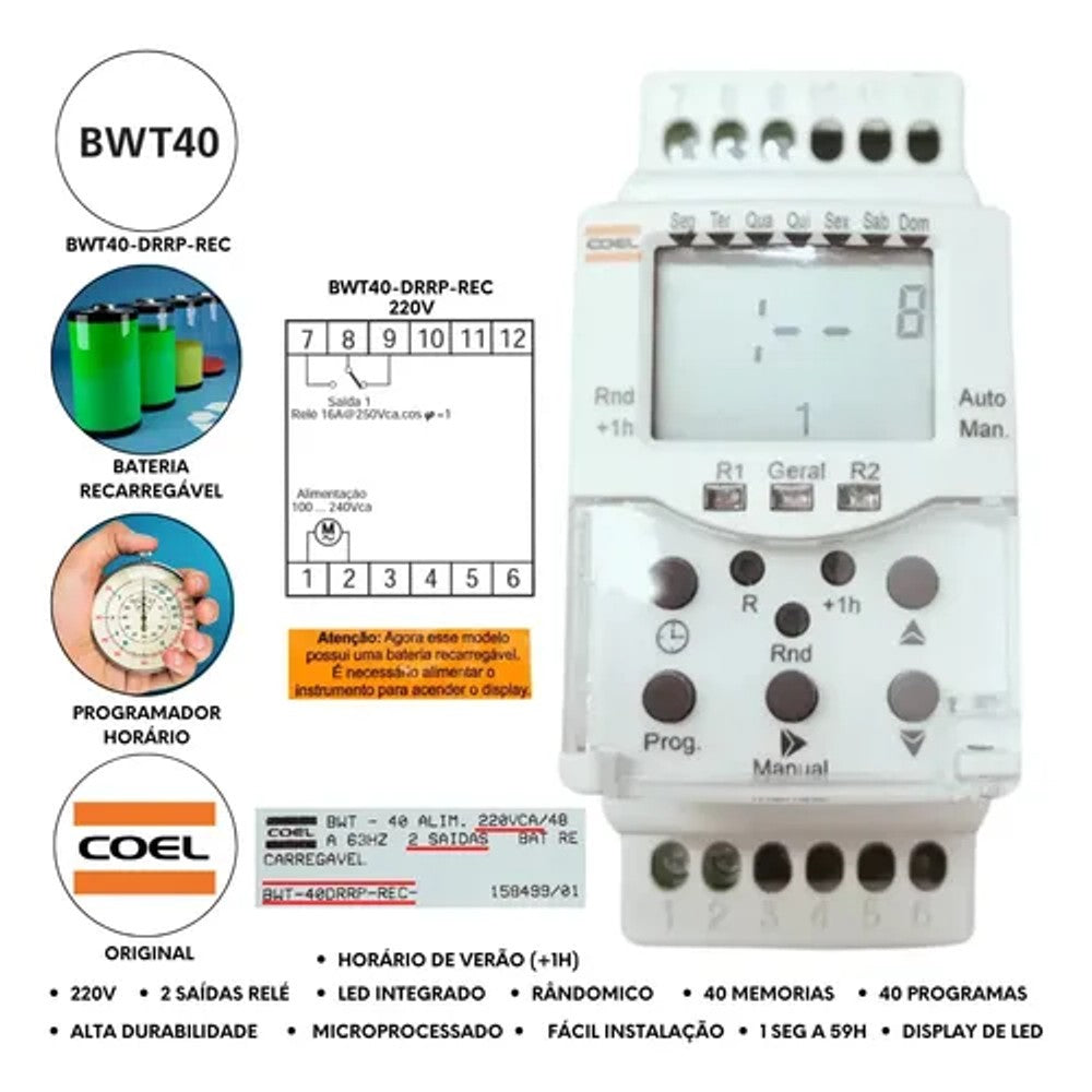 Timer Horário BWT40DRR Recarregável 220V Coel